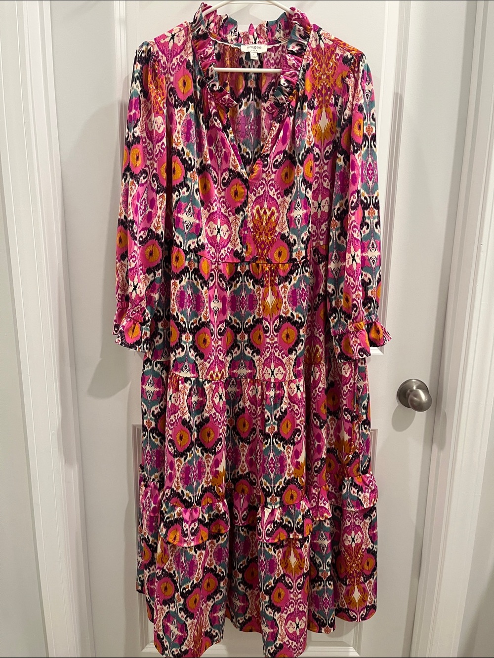 Umgee Pink Multi-Color Patterned V-Neck Tiered Midi Dress